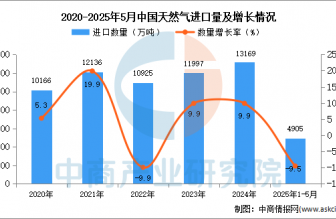 2025年1-5月中國天然氣進(jìn)口數(shù)據(jù)統(tǒng)計分析：進(jìn)口量同比下降9.5%